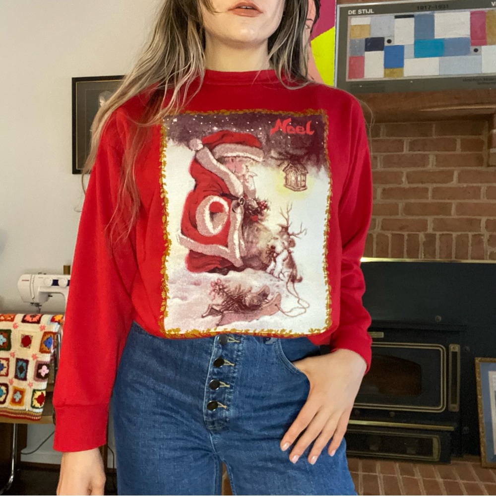 Vintage 90s Christmas Holiday Noel Soft Crewneck Noel Baby Santa Puppy R…